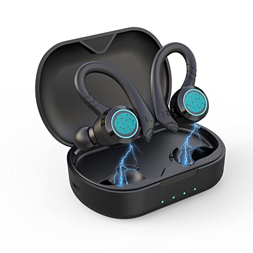 True Wireless Earbuds, Bluetooth 5.1 Sport Headphones, Over-Ear Buds with Earhooks, IPX8 Sweatproof Running Earphones with Mic Noise Cancelling for Samsung Andrion iPhone for Workout Gym (Black)