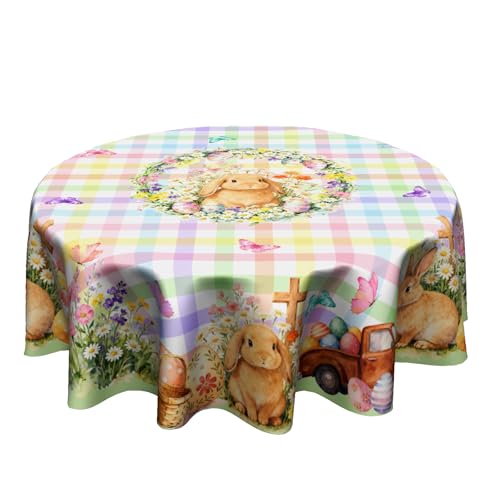 Granbey Easter Tablecloth Circle - Spring Bunny Plaid Round Table Cover 60 Inch for Kitchen Holiday Picnic Party Dinner Room Outdoor Decor Multicolor