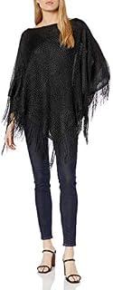 Steve Madden Women's Lurex Knit Poncho with Fringe, black, One Size