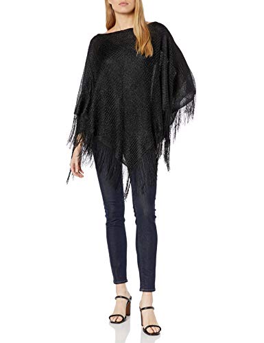 Steve Madden Women's Lurex Knit Poncho with Fringe, black, One Size