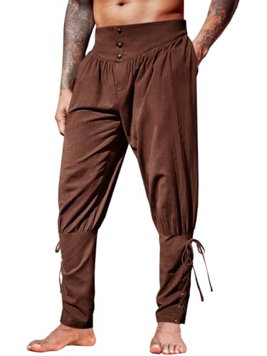 Runcati Pantalones medievales para hombre, estilo vintage, ligeros, de lino, renacentista, vikingo, pirata, monocolor, holgado, para el tiempo libre, cosplay, disfraz, café, M