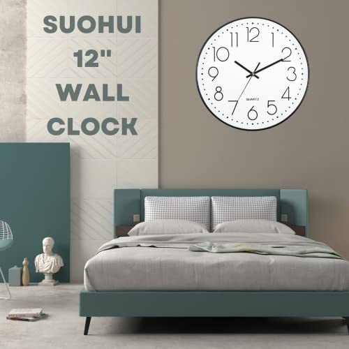 Suohui 12 Inch Silent Wall Clocks Battery Operated Non-Ticking Round Clock Symple Modern Style For/Office/School/Classroom/Home/Livingroom Decor(White Dial) #TOP7