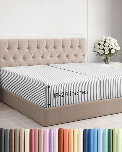 Image of Extra Deep Split King Fitted Sheet - Single Fitted Sheet - Grey Stripes | Easily Fits 18 inch to 24 inch Mattress, Soft, Wrinkle Free, Breathable & Comfy, Extra Deep Pockets Hotel Luxury Fitted Sheet