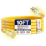 10ft Outdoor/Indoor Extension Cord 10/3 Gauge Ultra Heavy...