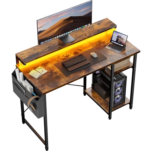 SOLAVERO Bureau avec Rangement, 100 x 48 cm Petit Bureau d’Ordinateur avec Support de Moniteur, Table Informatique avec Sac de Rangement, Étagères...