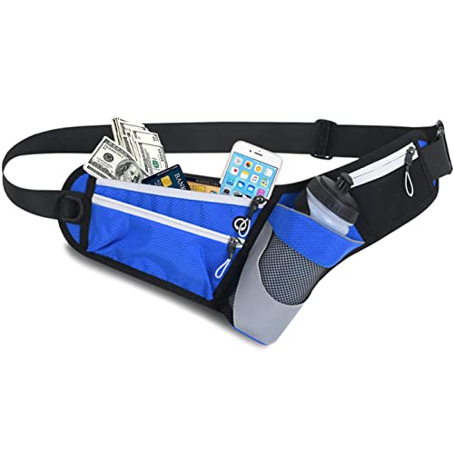 Goldmiky Ceinture Sport D'Hydratation Course à Pied Sac Banane avec Porte-Bouteille,Sac Banane de Sport Etanche Sacoche Running Belt Réglable pour Gym,Voyage,Escalade,Randonnée,Vélo (Bleu) Cover