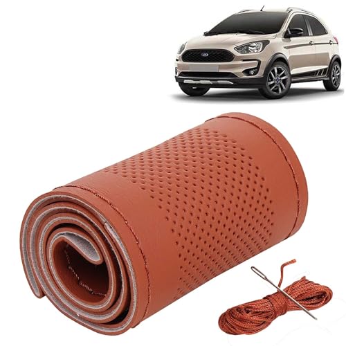 Image of KINGSWAY PU Leatherite Car Steering Cover Sewable Compatible with Ford Freestyle (Year 2018-2021), Tan Color with Tan Thread, Pack of 1 with Sewing Needle and Thread