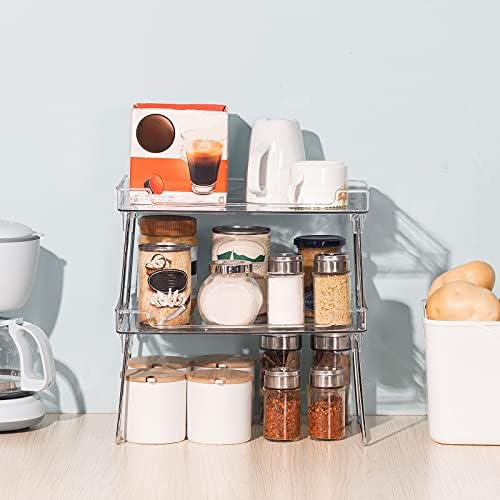 Ettori Cupboard Organiser, Cupboard Shelf Organiser, 2-Pack Stackable Kitchen Shelf Organiser for Kitchen Storage, Bathroom Storage, Makeup Organiser, Durable Plastic and Metal, Clear & Chrome