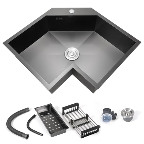 Corner Kitchen Sink 25 Inch Black Butterfly Sink 304 Stainless Steel Corner Sink Drop In Undermount Workstation Sink with Drain Rack Tray & Sound Dampening
