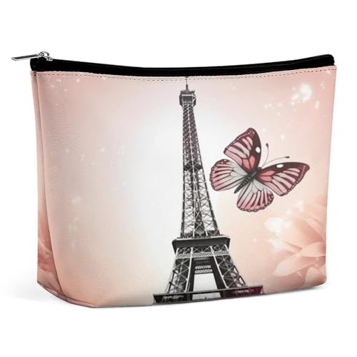 Travel Makeup Bags PU Leather Paris Tower and Butterfly Cosmetic Bag with Zipper Large Toiletry Bag for Women Waterproof Portable Makeup Case Organizer Cute Zipper Pouch Make Up Bags