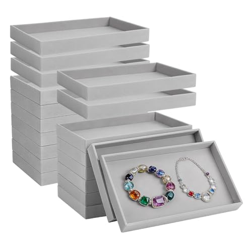 INTERWARM 20pcs Petit Plateau de Bijoux en Velours, 21x12.5x2.3cm Plateaux d'affichage De Stockage de Bijoux Tiroirs à Bijoux Plateaux Organisateurs Plateau Décoratif de Bureau Gris (1 Grille)