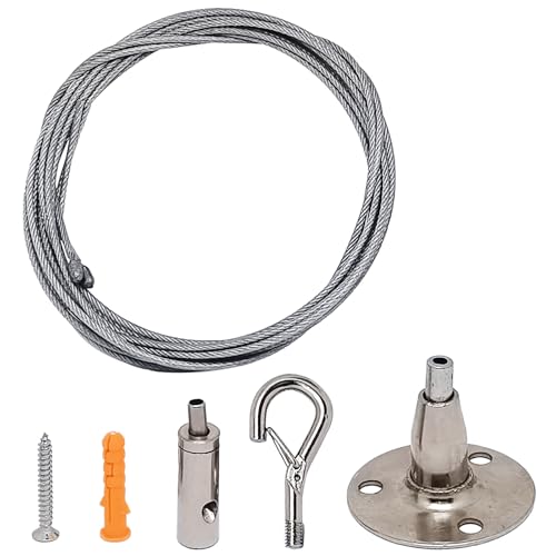 Image of 2sets Adjustable Hanging Wire Kit-2pcs 1.5meter /59.1in Stainless Steel Wire Rope+2pcs Spring Hook Hanging Disc-2sets Portable Hook & Eye Turnbuckle Tension for Furniture, Lamp,Picture(Silver)
