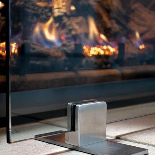 Image of AMS Fireplace | Manhattan Modern Freestanding Frameless Clear Glass Fireplace Screen with Polished Metal Stainless Steel Feet Base (Medium Size: 39 inch W X 29 inch H)
