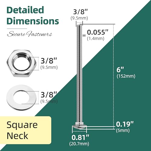 Image of (4 Sets) 3 /8-16 x 6 Carriage Bolts with Nuts and Washers, 304 Stainless Steel Round Head Square Neck 3 /8 Carriage Bolts Screws, Full Thread for Outdoor