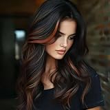 Jolelyne Highlight Orange Layered Wavy Wig With Curtain Bangs for Black Women Synthetic Black Mixd Orange Highlight Wig Long Curly Natural Body Wave Butterfly Hair for Daily Party Use 24inch