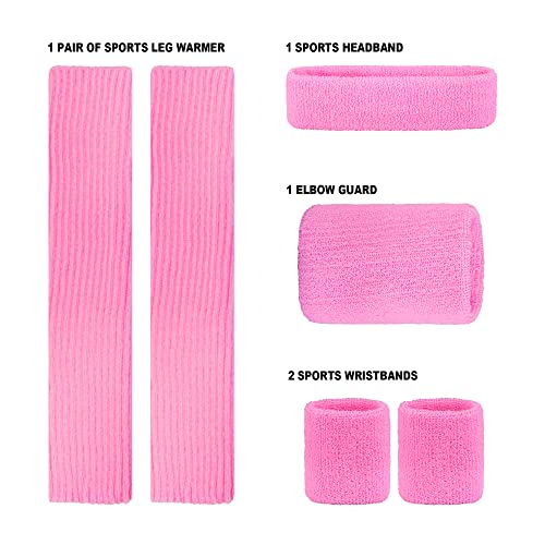 80'S Retro Running Jogging Sports Headband Wristbands Leg Warmers Elbow Guard Set For Women Girls, Pink #TOP2