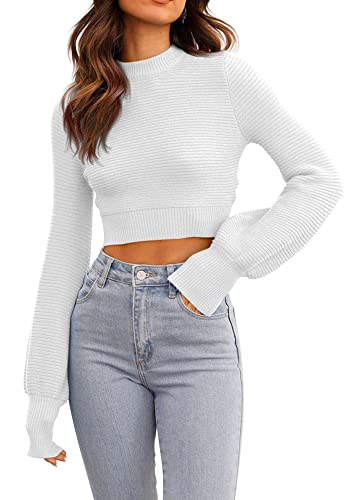 Image of Womens Sexy Crew Neck Cropped Sweaters Knit Long Sleeve Crop Tops Pullover | Ribbed Knit, Long Sleeve, Crop Tops, Pullover,Crew Neck