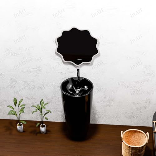 Image of InArt Ceramic One Piece Pedestal Wash Basin Free Standing Round Glossy Black 38 X 38 CM