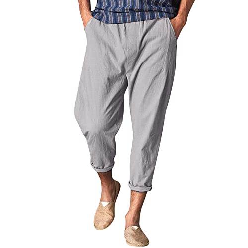 Men's Summer Linen Loose Pants Casual Straight Lightweight Solid Color Mini Elastic Waist Beach Yoga Pants Trousers Men Boyfriend Brother Friend Husband Son Grandfather Teen Teacher Boys #TOP6