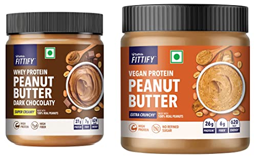 Image of Saffola FITTIFY Whey Protein Peanut Butter | Dark Chocolaty | 200g & Saffola FITTIFY Vegan Protein Peanut Butter | 340g