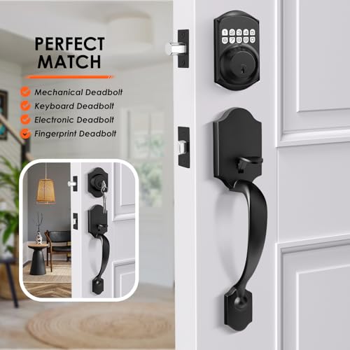 Image of Haidms Front Door Handle Black, Entry&Exterior Door Handles and Reversible Handle Lever,Single Cylinder Door Handle Set with Lower Half Lever for Left and Right Hand Door, Matte Black