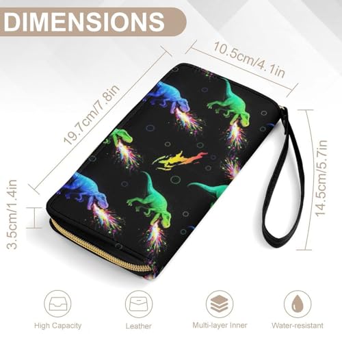 Stylish Pu Leather Wallet for Women, Tyrannosaurus Rex Dinosaur Sparkles in Space Slim Long Purse Waterproof Zipper Credit Card Holder with Multiple Card Slots2