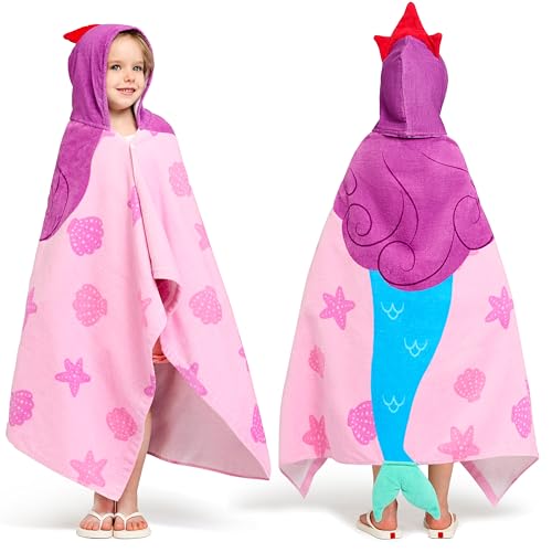 Image of Joiedomi Mermaid Hooded Towel for Kids Soft 100% Cotton Bath Beach Towel 30" x 50" for Kids 3-10 Years Toddler Pool Poncho with Hood Absorbent Swim Wrap for Boys Girls