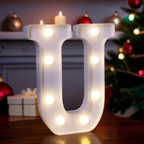 TEHIBIEN LED Light Up Marquee Letters, Battery Powered Decorative LED Letter Lights, Alphabet Light Up Letters for Wedding Birthday Party,Holiday Lamp or Home Bar Decoration (Letter U)