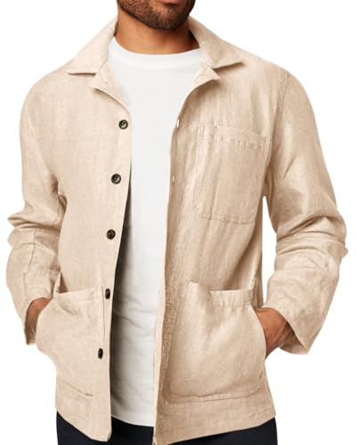 Runcati Mens Linen Shirt Jacket Button Down Long Sleeve Shacket Casual Cotton Casual Lightweight Jacket