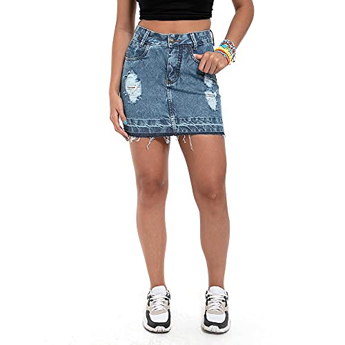Saia Jeans e Sarja Curta Cintura Alta Desfiada Cor:Marmorizado;Tamanho:40