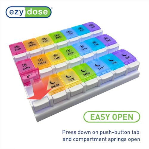 EZY DOSE Weekly (7-Day) Pill Case, Daily Medicine Planner, Vitamin Organizer Container, Large Push Button Compartments, Easy to Use, 3 Times a Day, Spring Open Design, Rainbow Lids, BPA Free - Image 6