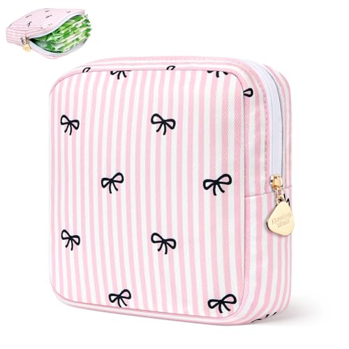 Image of Sanitary Pad Storage Bag Portable Period Bag for Teen Pads /Sanitary Napkins /Small Tampons, Sanitary Napkin Storage Bag First Period Gifts for Teen Girls (Pink Stripe Bowknot)