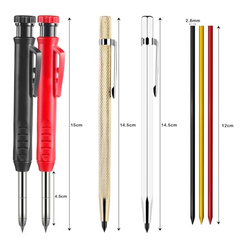 Zimmermannsbleistifte 2 Stück Tieflochmarker Bleistift mit Eingebauter Spitzer, Tischler Bleistift Set mit 2 Hartmetall Anreißwerkzeug und 26 Bleistiftsminen, Baustellen Bleistift für Holzbearbeitung