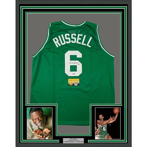 Framed Autographed/Signed Bill Russell 35x39 Boston Green Basketball Jersey Hollywood