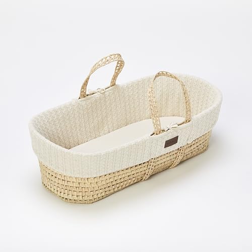 The Little Green Sheep FN010A Natural Knitted Moses Basket & Mattress-Linen