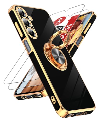 LeYi for Galaxy A16-5G Phone Case: 2 Pack Tempered Glass Screen Protector and 360° Rotatable Ring Holder Magnetic Kickstand, Plating Rose Gold Edge para Samsung A 16 5G, Black