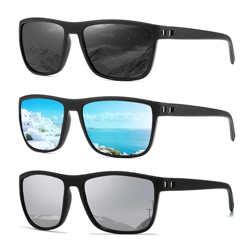 MASDUN Polarized Sunglasses for Men and Women Square Sun glasses UV Protection For Driving Fishing Golf (3 Pack) (Black/Ice Blue/Silvery)