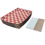 Red Checkered Kraft Paper Lunch Trays - KraftPaper Straws - Cherry Paper Straws - 10.75 x 7.5 x 2 Inches - 18 Trays and 50 Straws