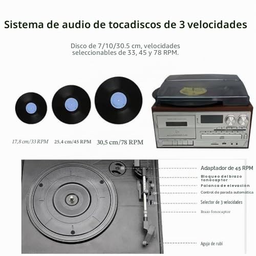 Reproductor de Discos de Vinilo - Tocadiscos Bluetooth de 3 Velocidades con Reproducción de CD/Casete, Radio AM/FM, Grabador USB, Entrada Aux/Salida de Línea RCA