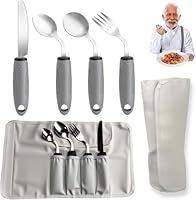 4-teiliges Parkinson Besteck Edelstahl mit Stoffbeutel, 42° Winkel Adaptives Besteckset, Griffverdickung Besteck, 85g Gewicht, Esshilfen für Handzittern, Arthritis und Behinderte, Rechtshänder