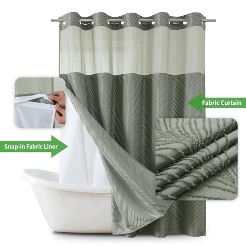 eachope no Hook Shower Curtain and Liner Set,Boho Style with See Through Top Window, SageGreen Fabric Tufted Striped Textured Outer Curtain & Waterproof Inner Liner, SageGreen, 71Wx74H by eachope - Used condition - Image 2