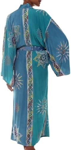 NOVICA Artisan Hand-Painted Long Kimono Patterned Robe with Pockets for Women Lightweight Loungewear from Indonesia 'Floral Green Baliku'