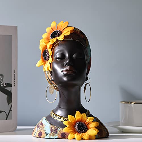 African Statues And Sculptures,African Art Bust Statue, Home Decor Sunflower Girl Figurines, Room Decor Resin Black African American Statue, Suitable For Living Room,Desktop, Bookcase Shelf Decor (A) #TOP6