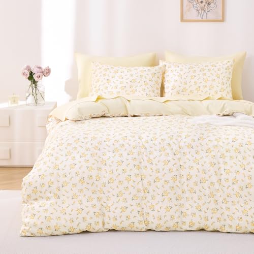 Wake In Cloud - Coquette Duvet Cover Set, Floral Cottagecore Flower Shabby Chic Cute Aesthetic, Soft Lightweight Bedding for Women Teen Girls, 3-Piece, Light Yellow, Twin/Twin XL Size