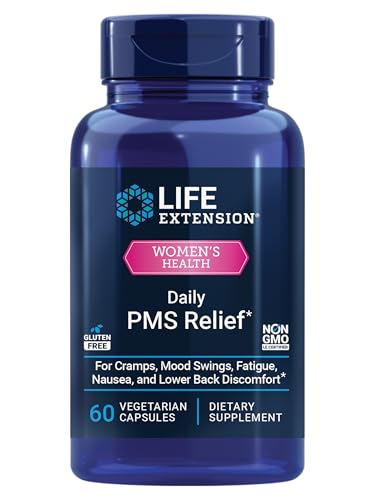 life extension daily pms relief menstrual comfort supplement pms-related cramps lower back discomfort mood ginger magnesium b6 gluten-free non-gmo 60 capsules
