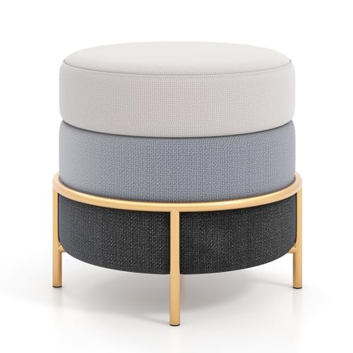 GOFLAME Round Vanity Stool, Linen Fabric Ottoman Footrest with Gold Metal Legs and Cushioned Seat, Modern Upholstered Makeup Chair, Dressing Table Stool for Bedroom, Living Room, Dressing Room