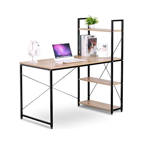 eSituro PC Laptop Study Table Workstation Gaming Desk for Home and Office - White Metal Legs- Light Oak Wood Grain Table Top - Simple Design with 4 Shelves for Books and Files SCD2