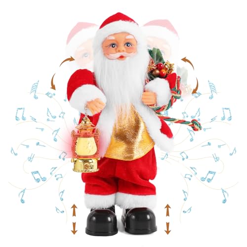 Gfilay Weihnachtsmann-Puppe, elektrisch, singend, tanzend, verdreht, elektrisch, gefüllt, Plüschtier mit Beleuchtung, Handlampen für Kinder, Familie, Dekorationen, 30,5 cm