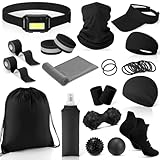 Halloscume 21 Pcs Runner Gift Set Marathon Gifts for Runners Men Women Running Accessories Includes Headlamp, Foldable Water Bottle, Visor, Headband, Cooling Towel, Wristband, Sock & More(Black)