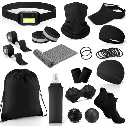 Halloscume 21 Pcs Runner Gift Set Marathon Gifts for Runners Men Women Running Accessories Includes Headlamp, Foldable Water Bottle, Visor, Headband, Cooling Towel, Wristband, Sock & More(Black)